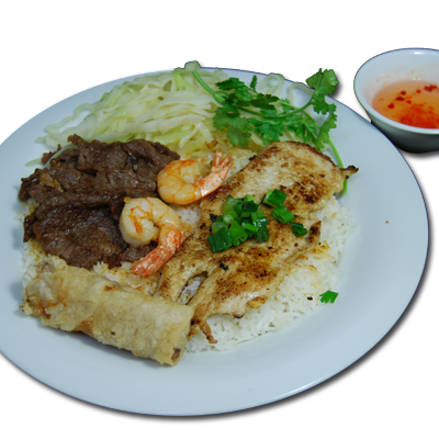 46. Grilled Shrimp, Beef, Chicken & Spring Roll on Steamed Rice
